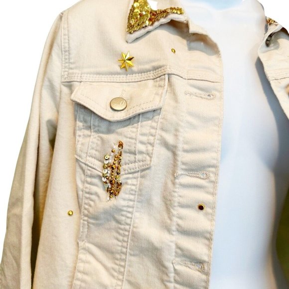 Handmade Upcycled Disney Jean Jacket sz S Sequin Embellished Mickey Denim Gold - Picture 9 of 10